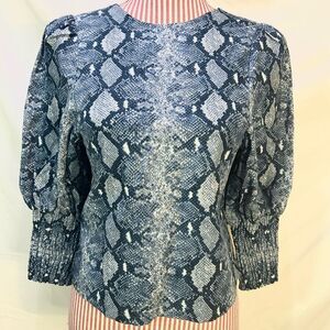 Blue Snakeskin Blouse 100% Linen Cotton Edgy Chic Puff Sleeve Stella & Dot Sz XS